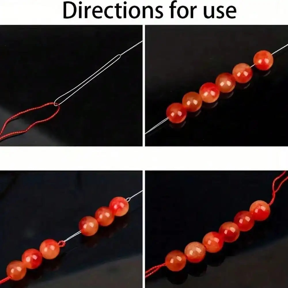 Instructions showing how to use an ultra-fine beading needle set for jewelry making, featuring red beads.