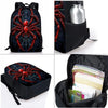 A black backpack featuring a red spider design, shown with an attached lunch bag and pencil case.