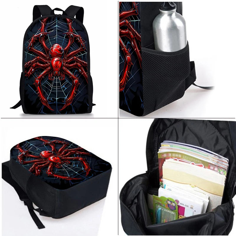 A black backpack featuring a red spider design, shown with an attached lunch bag and pencil case.