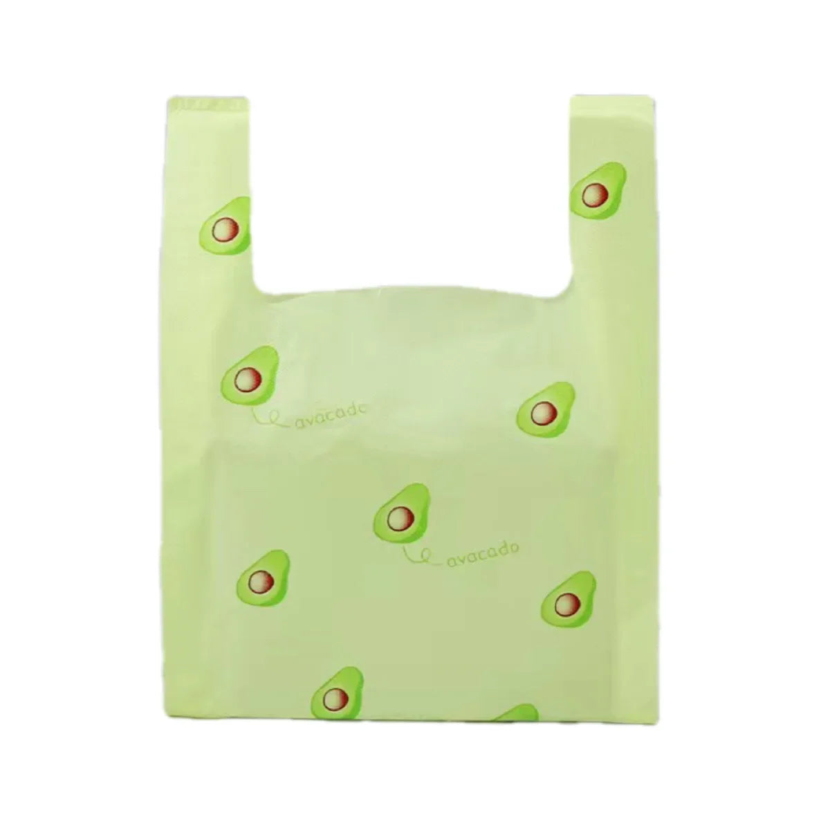 A set of five mini fruit-print tote bags with handles, featuring avocado designs on a light green background.
