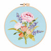 A circular embroidery hoop featuring a pink and purple floral design on light blue fabric.