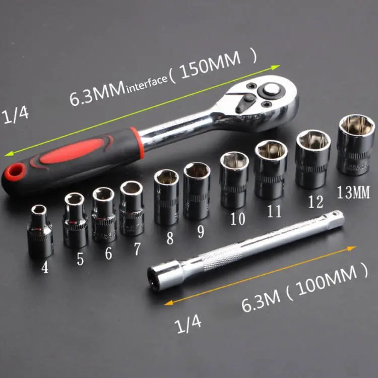 12-Piece Ratchet Socket Wrench Set for Bike, Motorcycle & Auto Repairs