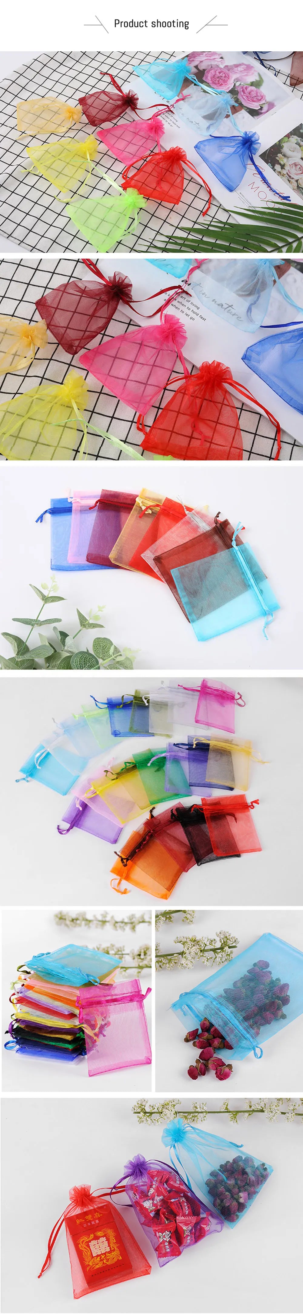 A collection of colorful organza drawstring jewelry gift bags in various shades of pink, red, blue, and green.