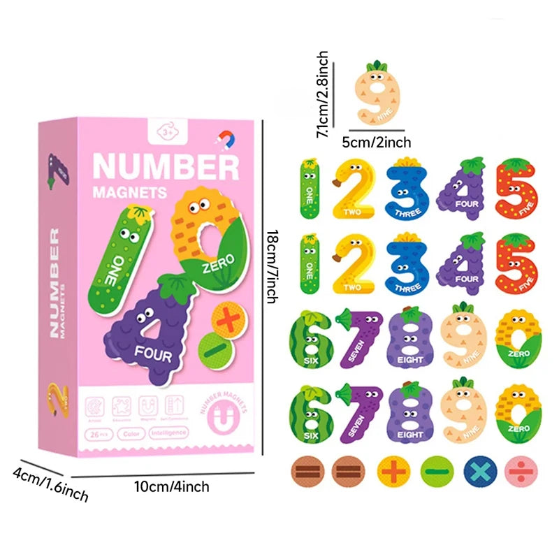 A box of number magnets featuring large magnetic numbers and corresponding animal stickers for children.