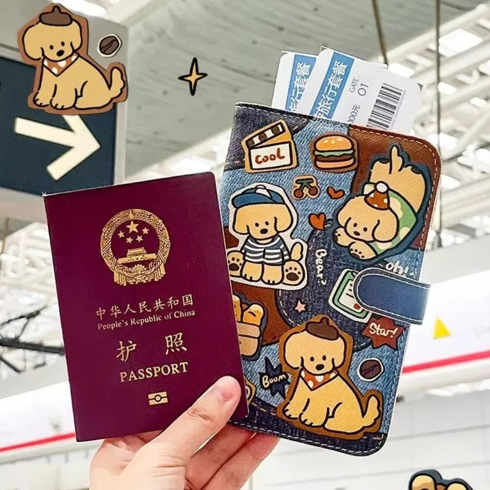 A dark purple pu leather passport holder featuring a cartoon dog design and an embossed Chinese passport label.