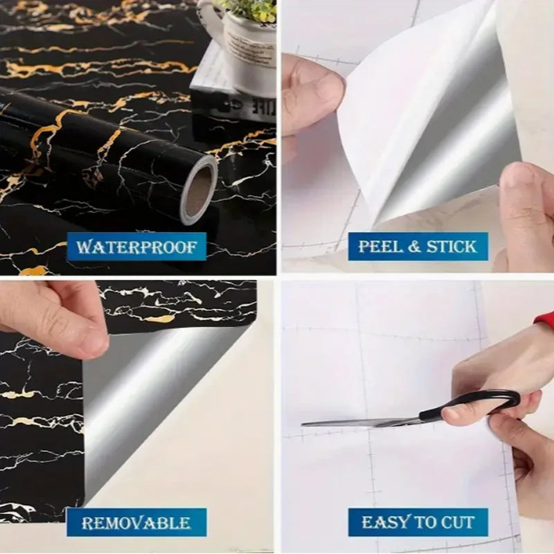 Close-up shots showing a black marble peel and stick wall sticker, highlighting its waterproof, removable, and easy-to-cut fe