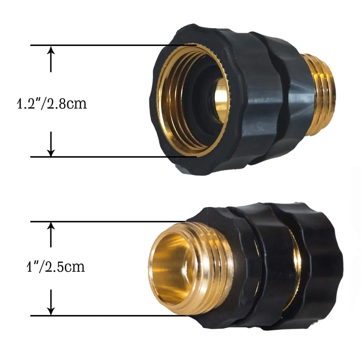 A set of heavy-duty metal garden hose quick connectors in black and brass, showing different sizes.
