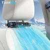 A portable car seat cooling fan is shown emitting a blue mist of cool air onto a white car seat.