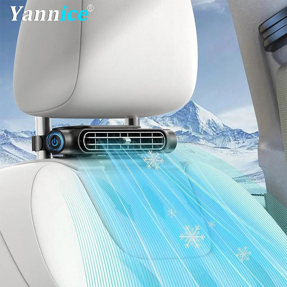 A portable car seat cooling fan is shown emitting a blue mist of cool air onto a white car seat.