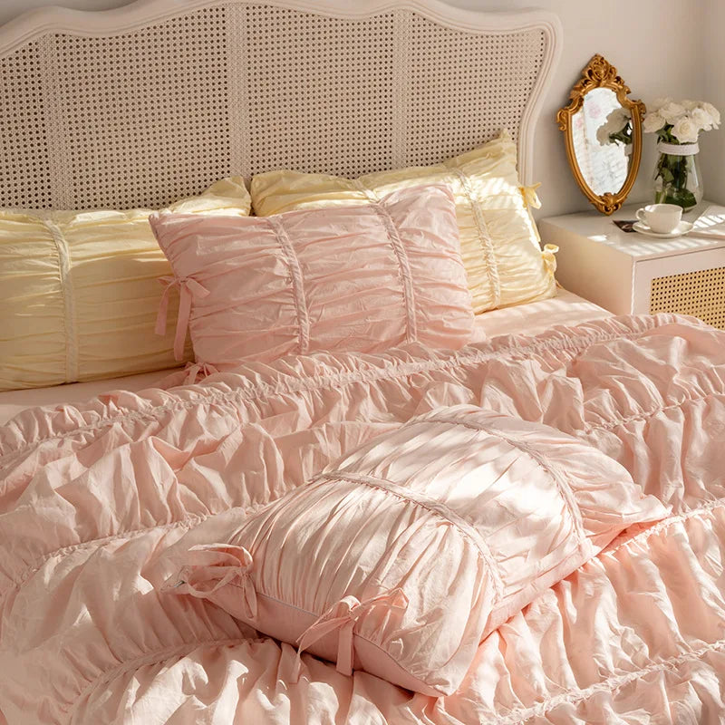 Washed Cotton Ruffle Bedding Set with Bow Ties – Pure White