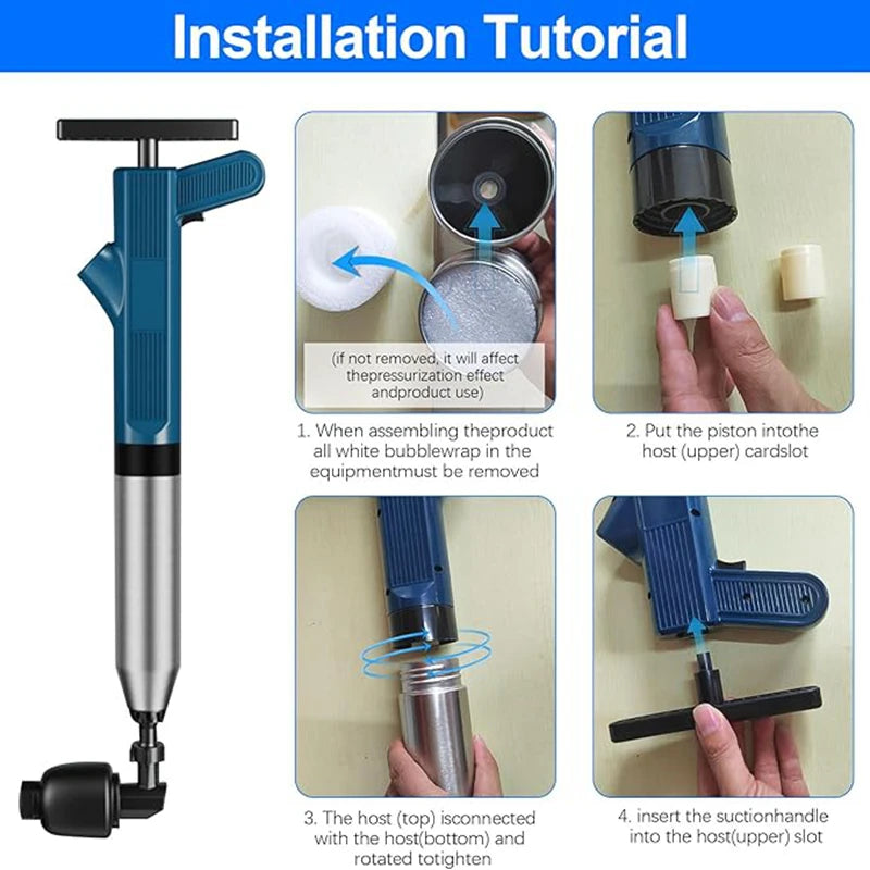 Installation tutorial showing steps for assembling a high-pressure pneumatic drain unblocker with a stainless steel shaft