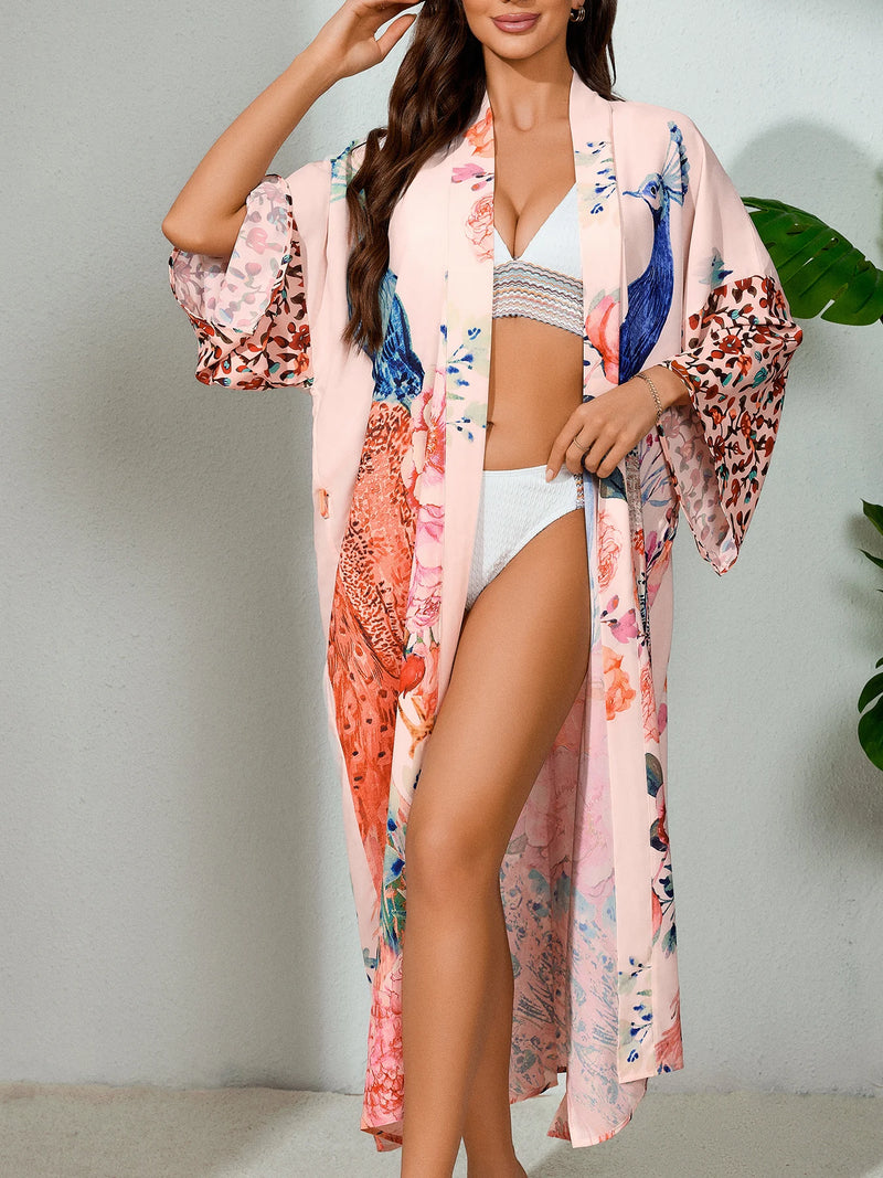 Peacock Print Beach Kimono Cover-Up