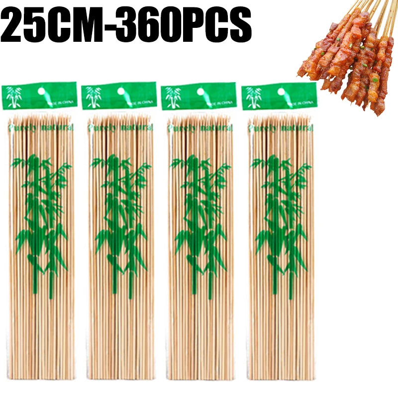 A set of natural bamboo skewers for BBQ and grilling, packaged in a box with green labels.
