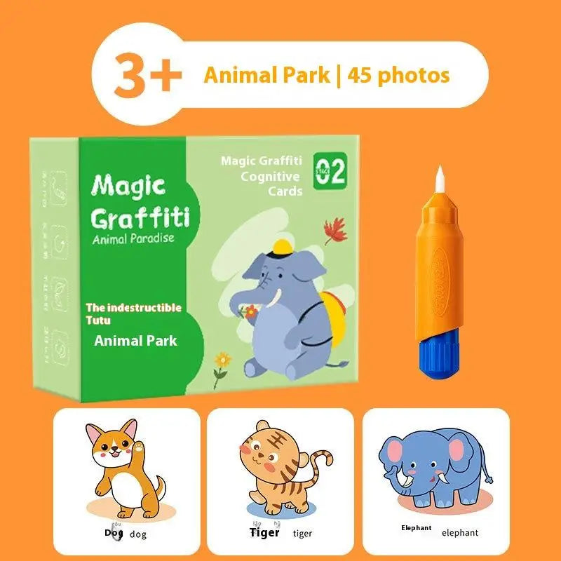 Set of 3+ Animal Park magic graffiti cards featuring animals like elephant, tiger, and dog for early reading practice