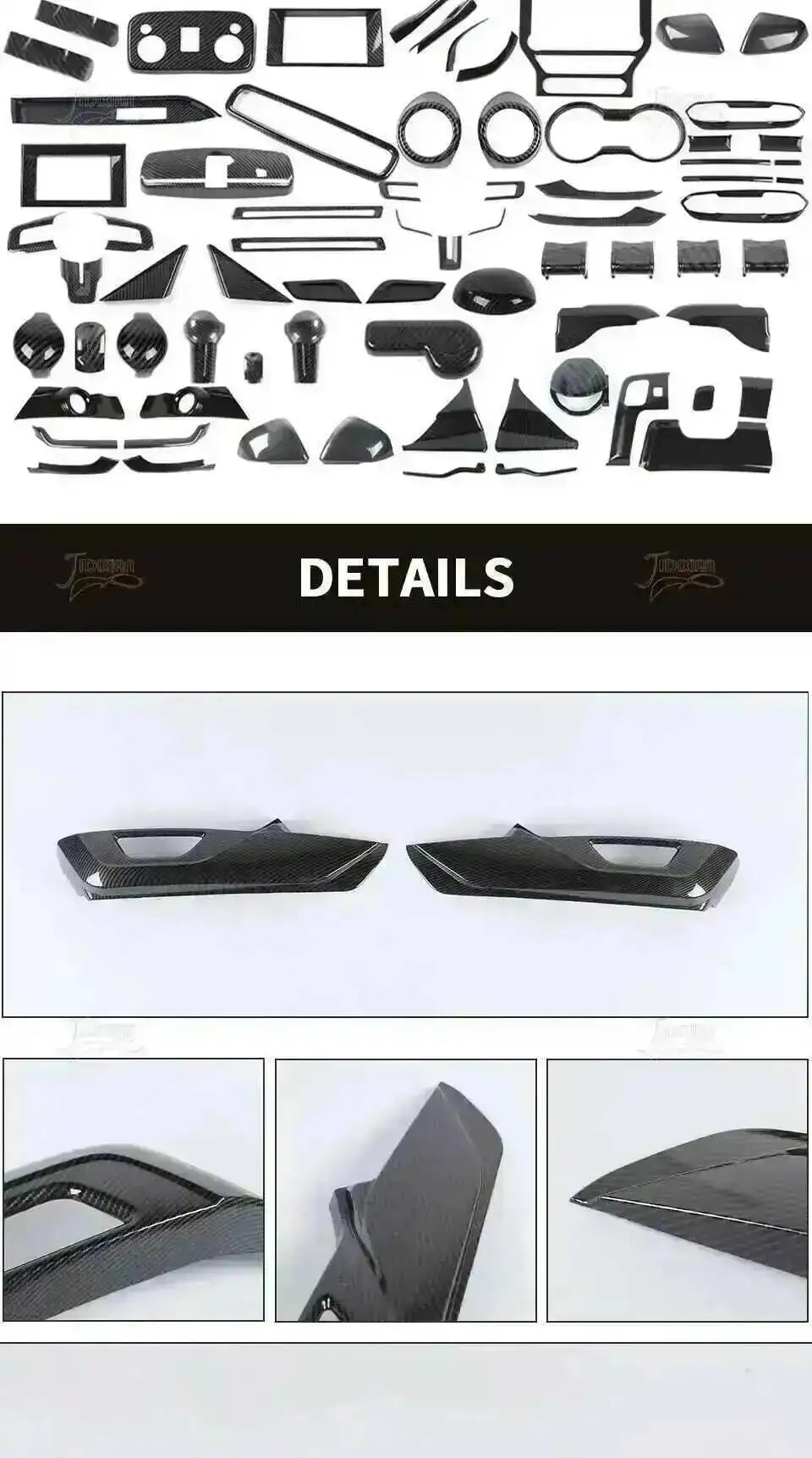 A set of carbon fiber grain decorative trim pieces for a Ford Mustang, shown in various shapes and angles.