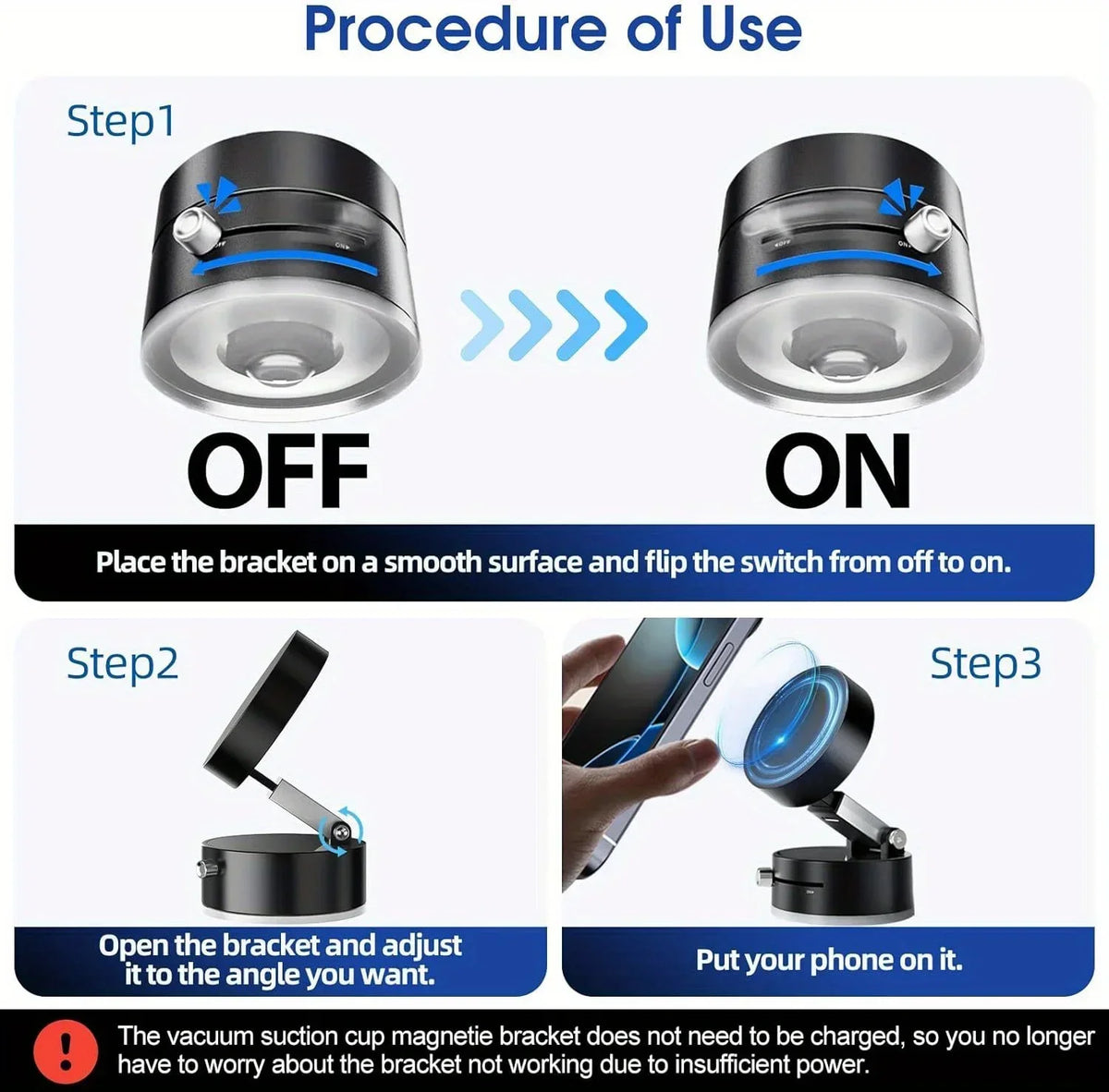 Procedure of use showing how to turn the magnetic bracket on and off for a 360 degree magnetic car phone mount
