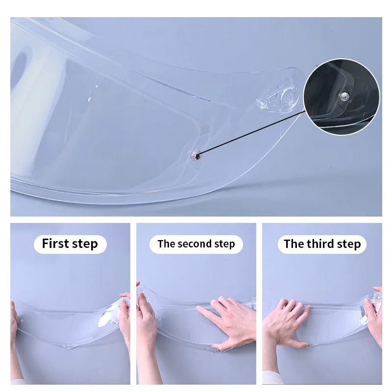 Three steps demonstrating how to install a motorcycle helmet visor lens shield