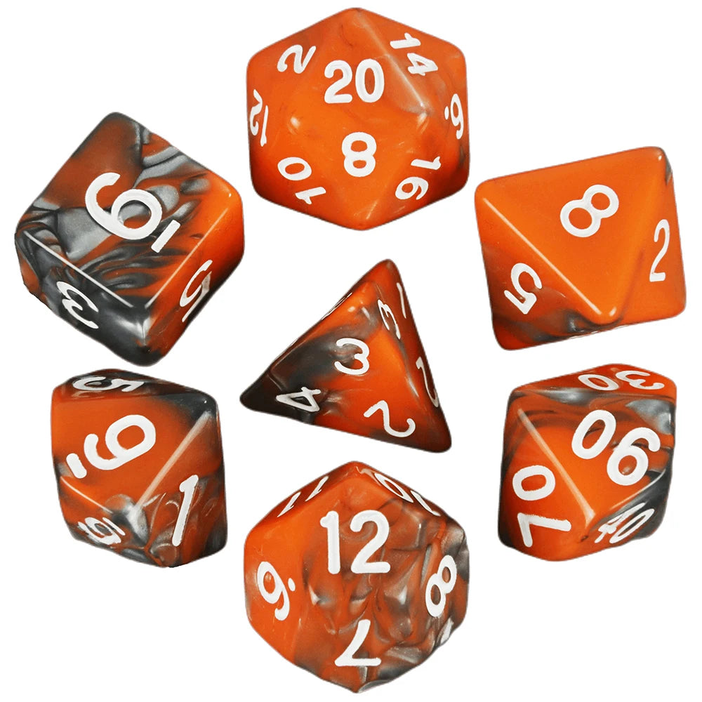 A collection of seven polyhedral dice in various shades of orange and black, shown at different angles.