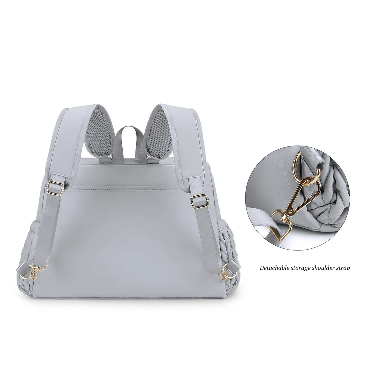 A light gray waterproof diaper bag with detachable shoulder straps shown in a flat lay view.