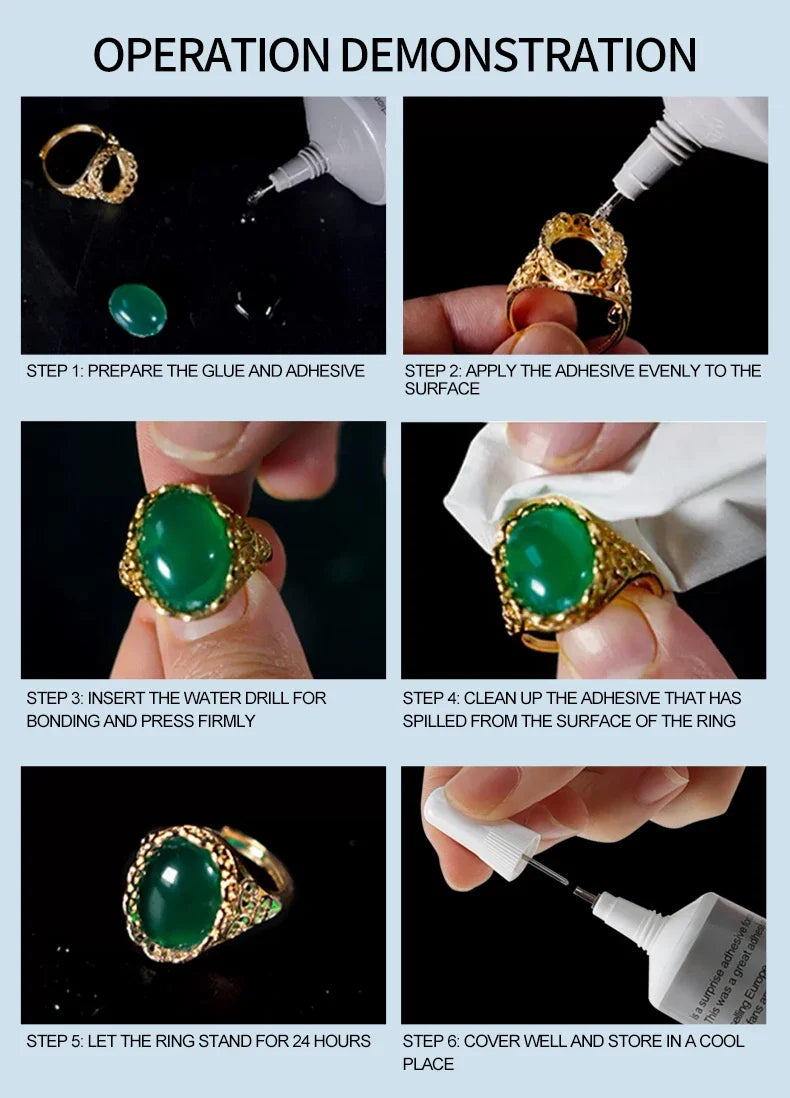 A six-step demonstration showing how to apply precision adhesive glue to a ring for jewelry repairs.