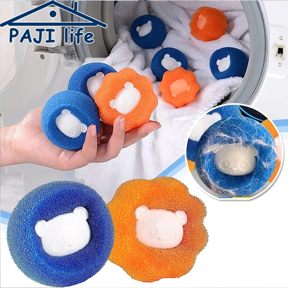 Reusable laundry balls in blue and orange colors used for pet hair and lint removal