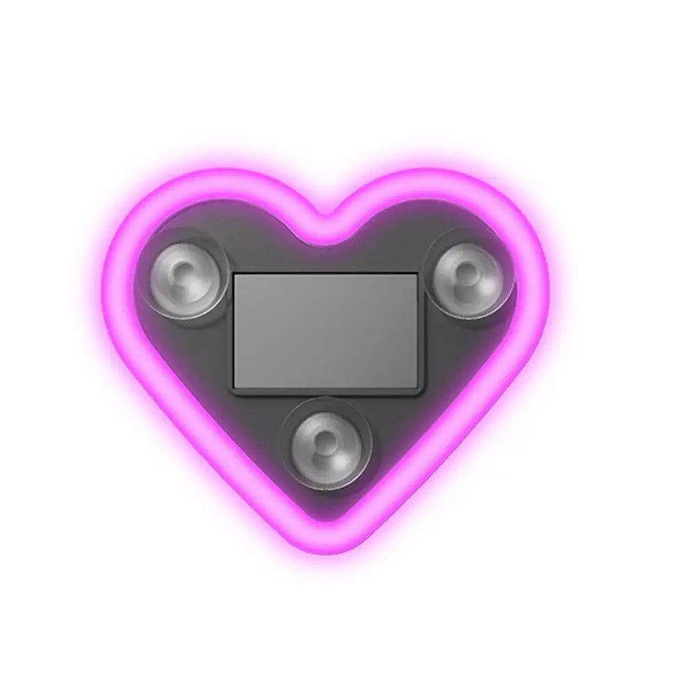A heart-shaped neon light with a gray rectangular panel and surrounding pink glow.