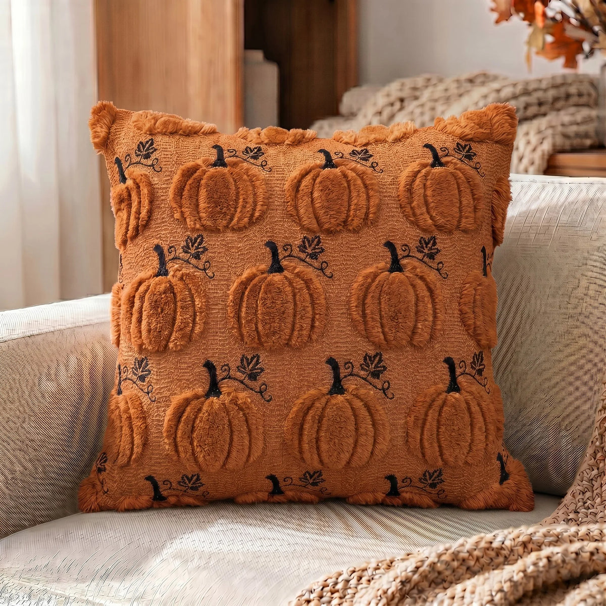 An orange plush throw pillow cover featuring embroidered pumpkins and maple leaves on a beige background.