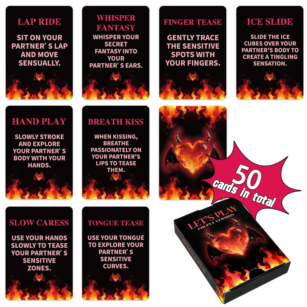 A set of 10 cards titled various intimacy and connection plays for couples featuring themes like Lap Ride, Whisper Fantasy, a