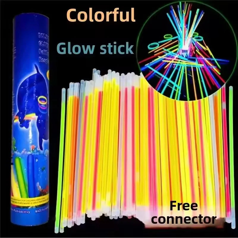 A pack of colorful glow sticks with free connectors shown against a black background.