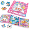 A pink and blue magnetic puzzle book featuring a unicorn and mermaid princess characters.