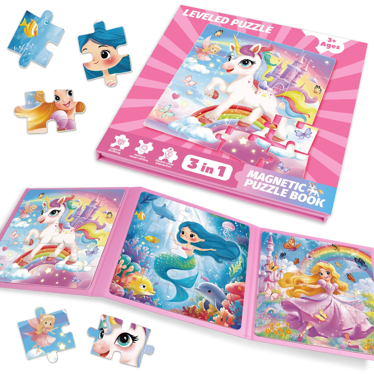 A pink and blue magnetic puzzle book featuring a unicorn and mermaid princess characters.