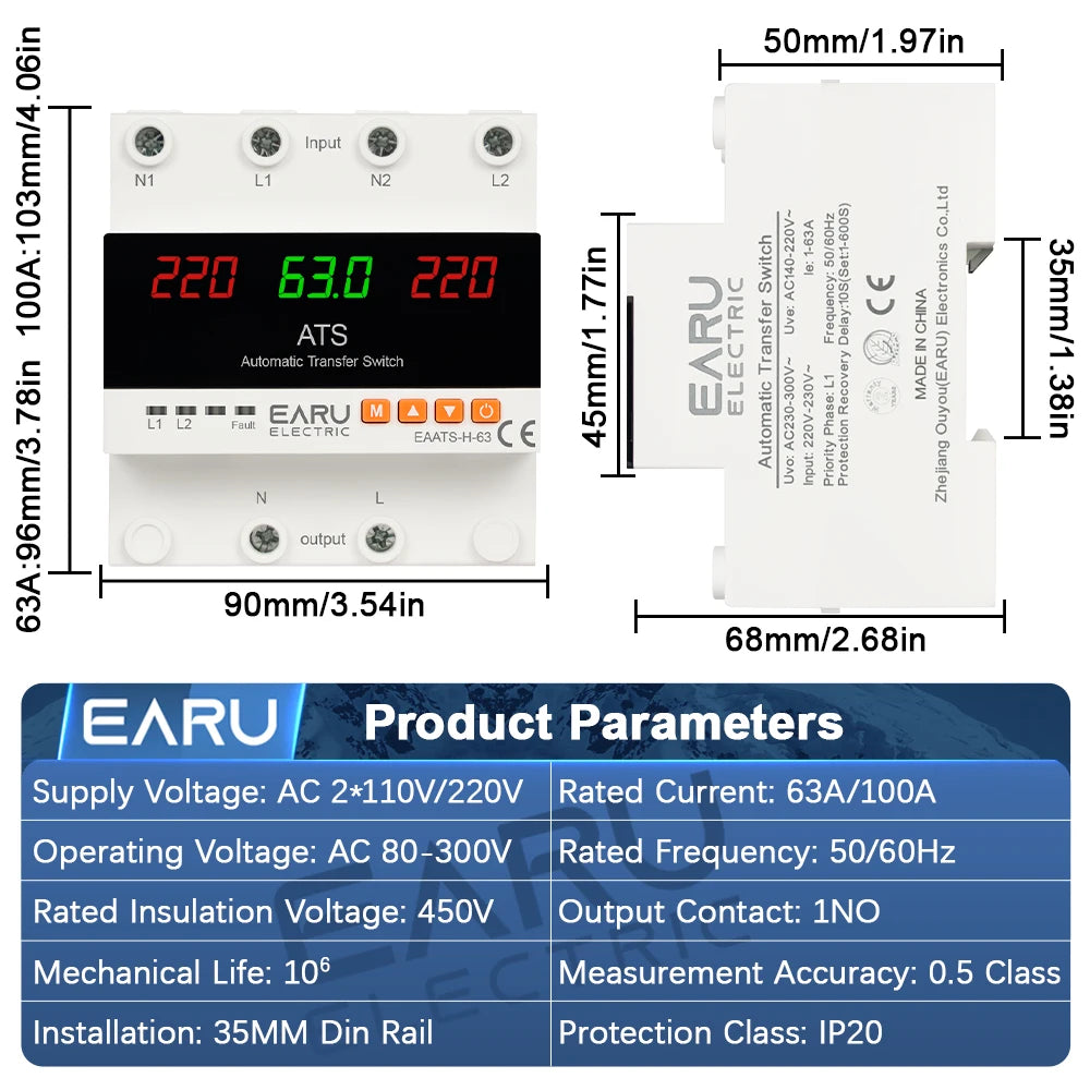 A white dual power automatic transfer switch with input and output terminals and technical parameters.