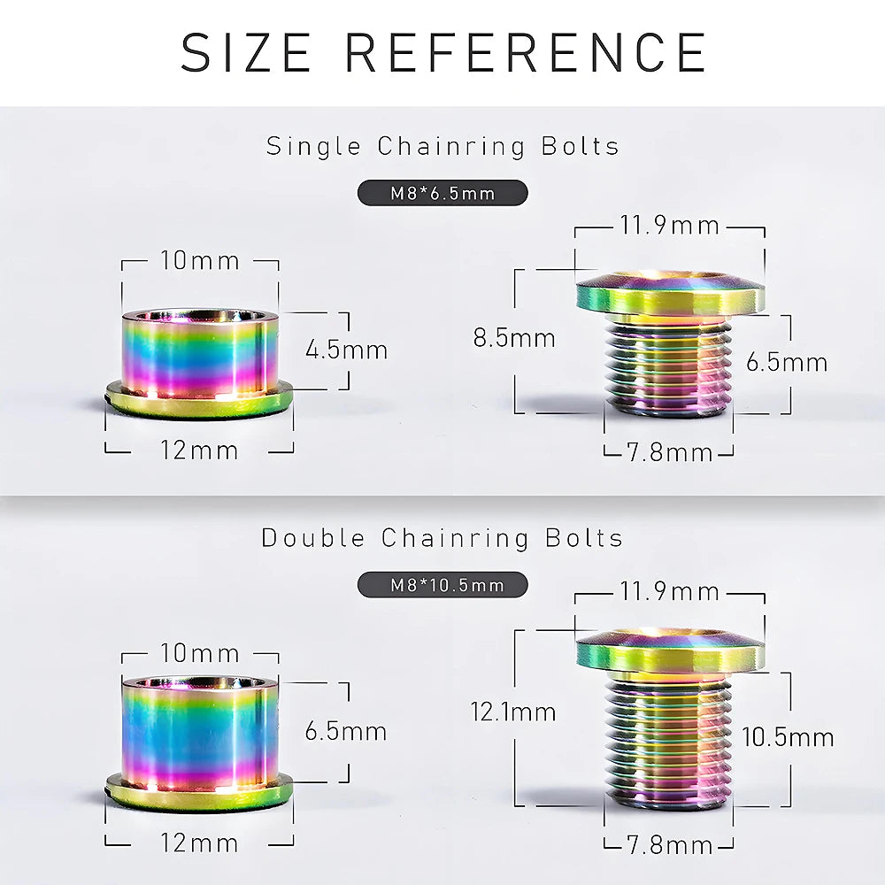 Reference images showing single and double chainring bolts with various thread sizes and dimensions.