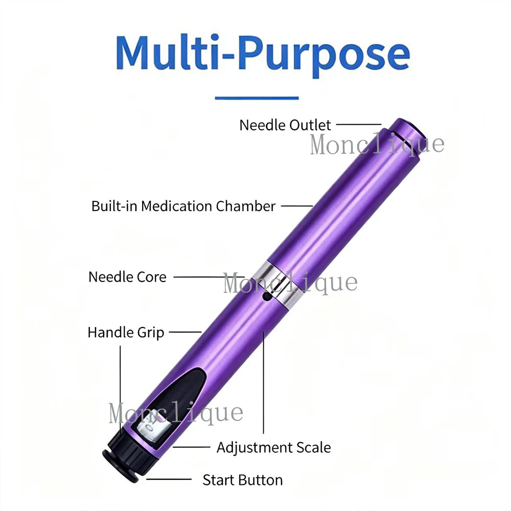 A purple reusable metal injection pen with a needle outlet, built-in medication chamber, handle grip, adjustment scale, and s