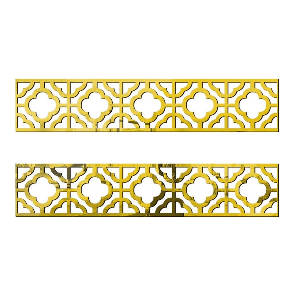 Gold acrylic mirror wall stickers featuring intricate geometric patterns for decorative edges and borders