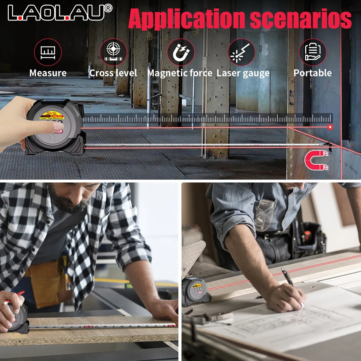 3-in-1 Laser Distance Measurer with Tape Measure and Cross-Line Level