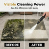 Before and after comparison showing the cleaning power of a high pressure washer nozzle on a patio surface.