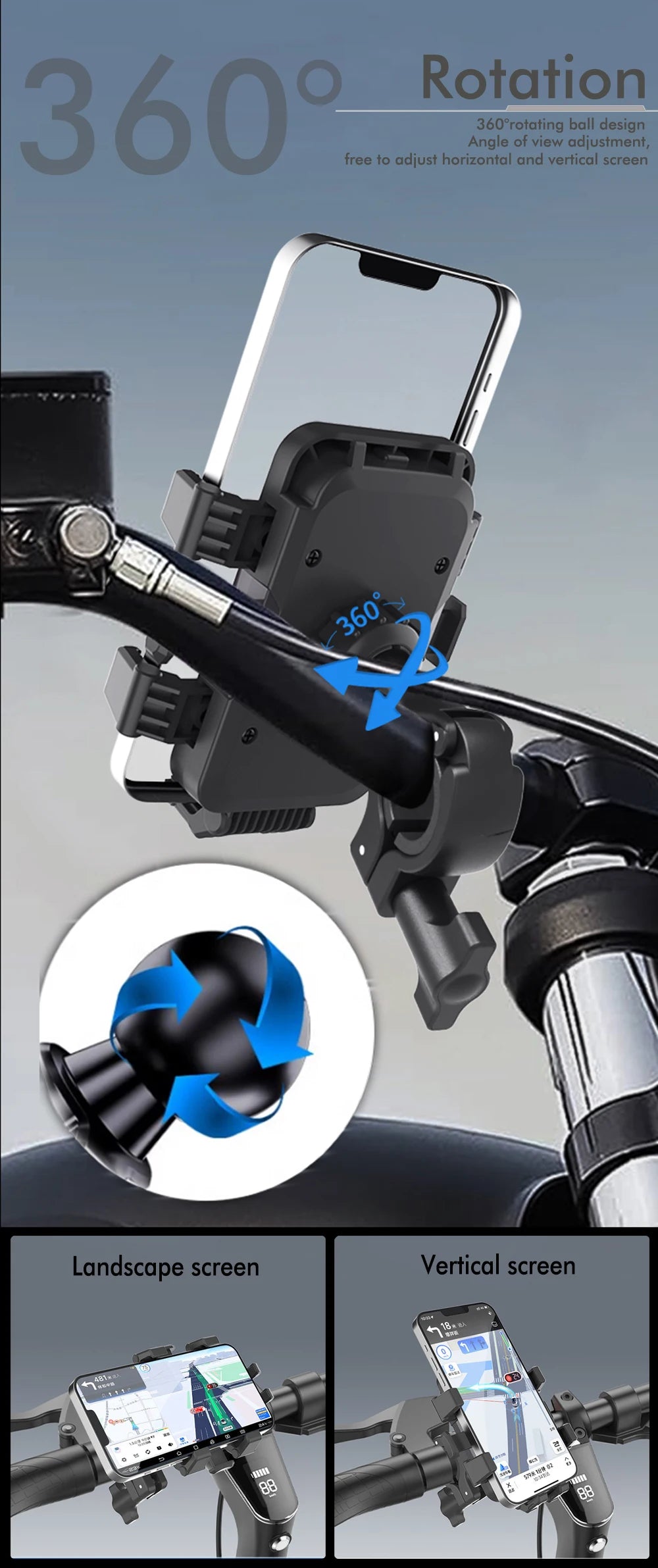 A secure bike phone mount with a 360-degree rotating claw design shown in various orientations.