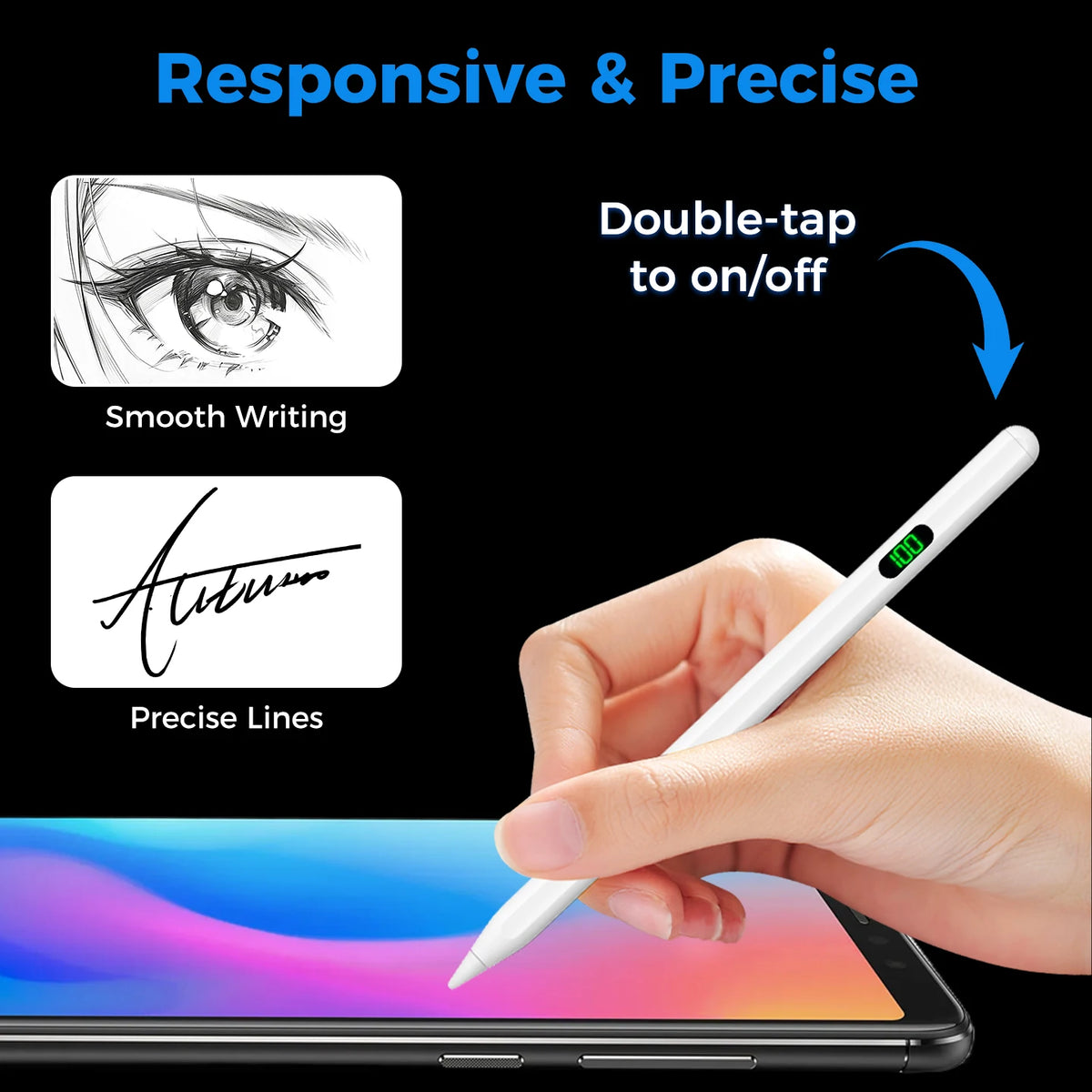 A hand uses a white stylus pen with tilt support to write on an Android tablet screen.