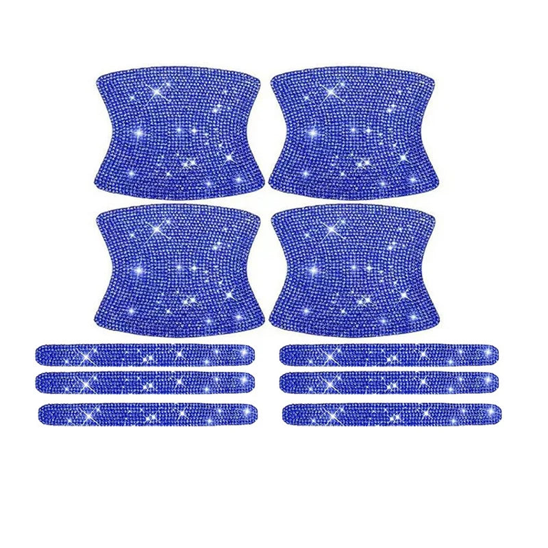 A set of blue diamond-encrusted scratch protection stickers for car door handles.