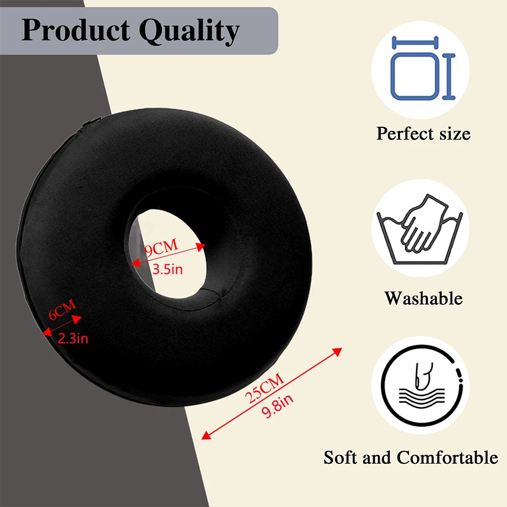 Black memory foam ear piercing pillow with a cutout, highlighting its perfect size, washability, and soft comfort.