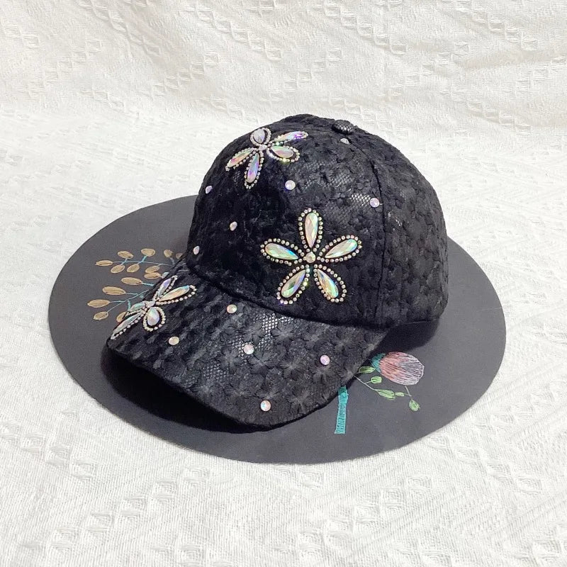 Lace Butterfly Snapback Cap with Rhinestone Accents