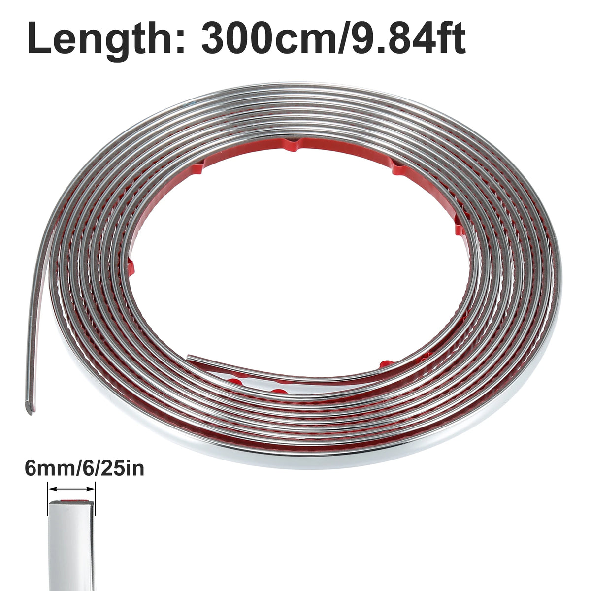 A coil of 300cm chrome car door edge guard trim strip with a 6mm/6/25in thickness.