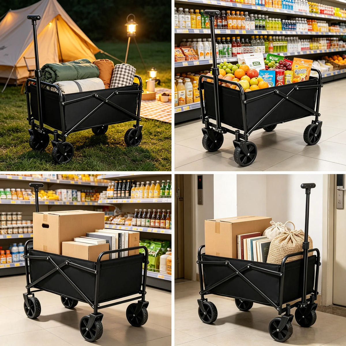 Wagon de camping noir pliable avec roues tout-terrain, montré en extérieur et dans un magasin.