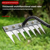 A close-up of a thickened multifunctional steel rake with sharp tines and a black ergonomic handle.