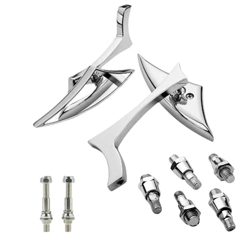 A set of universal motorcycle side mirrors and mounting bolts in silver finish.