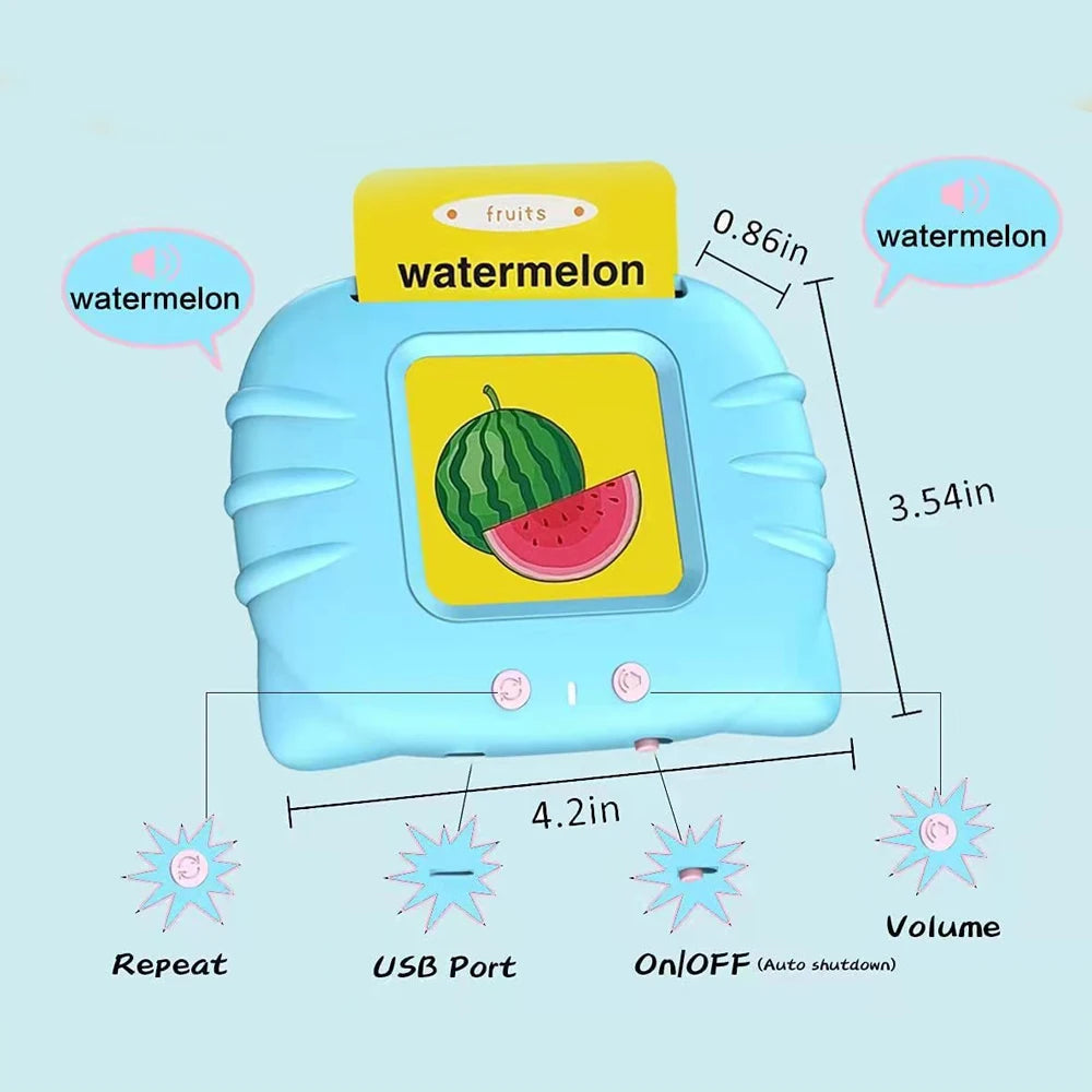 A blue watermelon-themed learning toy with a fruit insert and various features like repeat, USB port, and on/off switch.