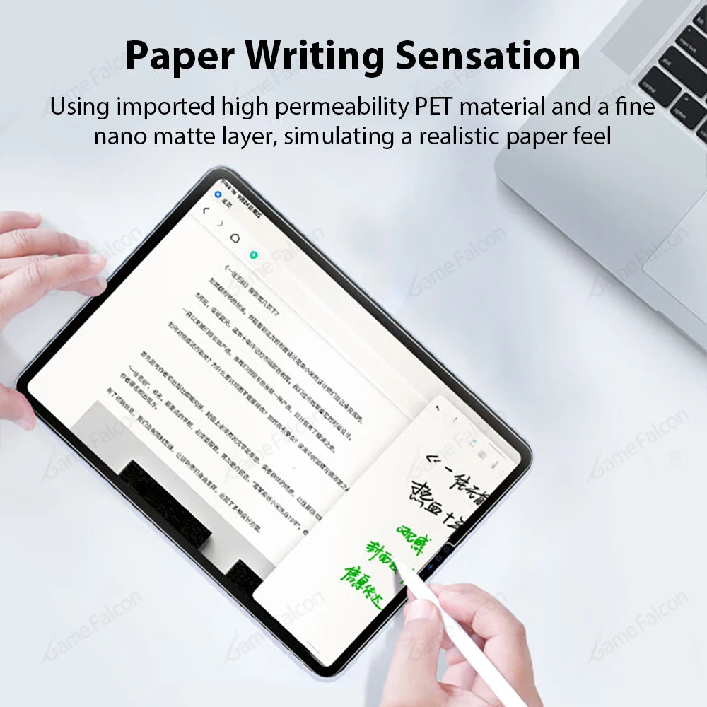 A hand writes on an iPad screen protector simulating a paper writing sensation using imported high permeability PET material.