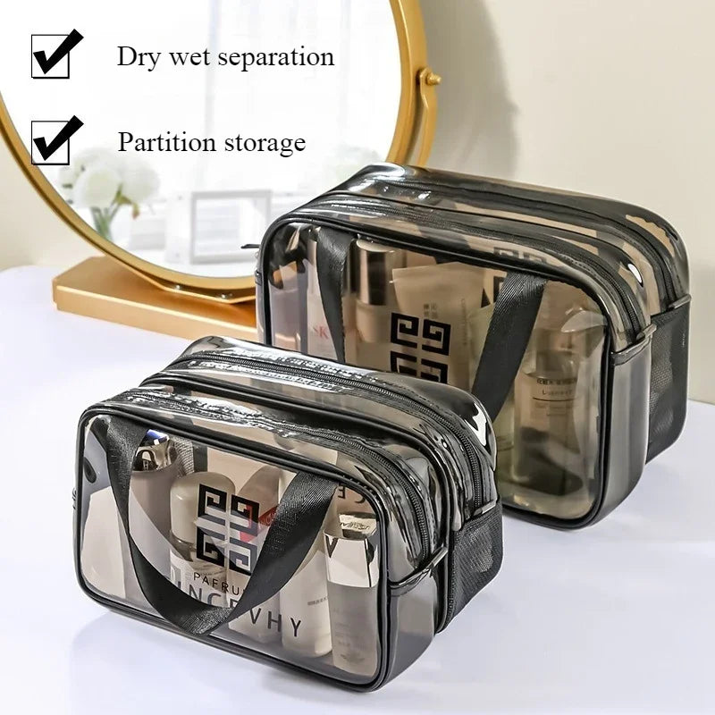 A clear plastic toiletry bag with a black strap is shown next to a larger version, demonstrating dry wet separation and parti