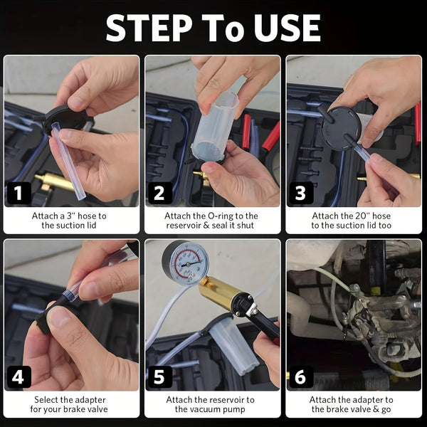 Step-by-step instructions showing how to use a 2-in-1 brake bleeder and vacuum pump kit.